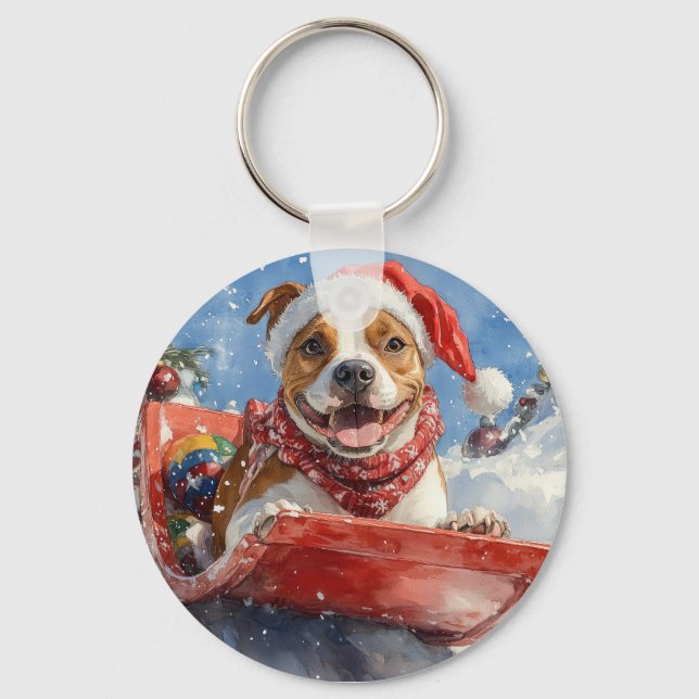 American Staffordshire i Sledge Christmas Nyckelring (Framsida)
