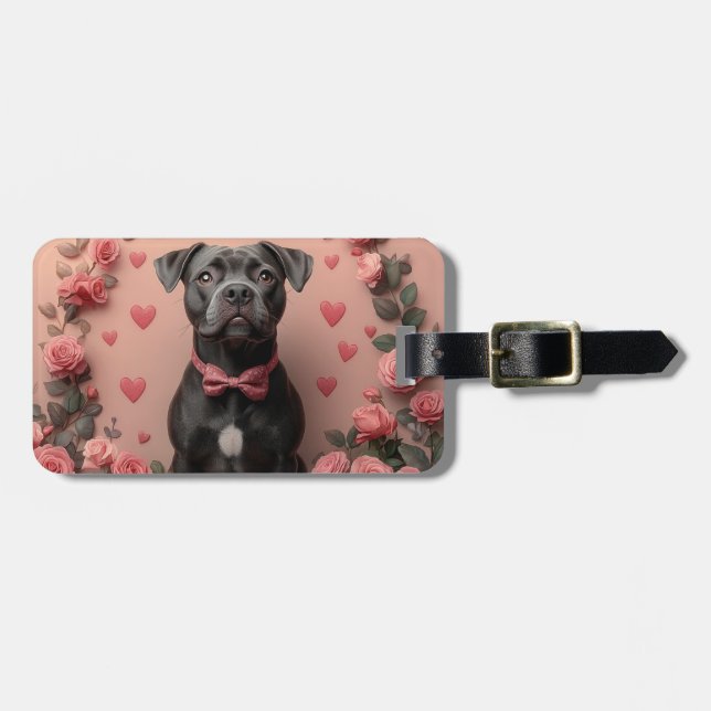 American Staffordshire med rosor - Alla hjärtans d Bagagebricka (Horisontell Framsida)
