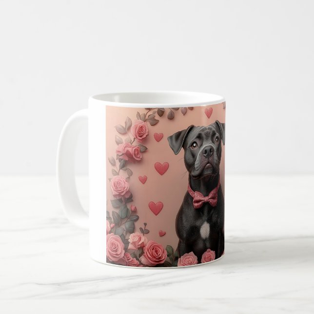 American Staffordshire med rosor - Alla hjärtans d Kaffemugg (Framsida vänster)