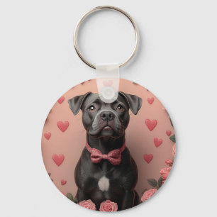 American Staffordshire med rosor - Alla hjärtans d Nyckelring