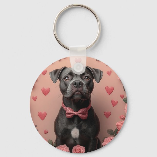 American Staffordshire med rosor - Alla hjärtans d Nyckelring (Framsida)