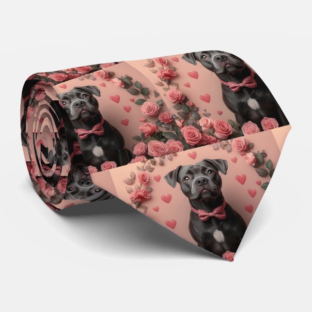 American Staffordshire med rosor - Alla hjärtans d Slips (Rullad)