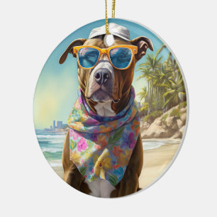 American Staffordshire på Beach,sommargåva Julgransprydnad Keramik