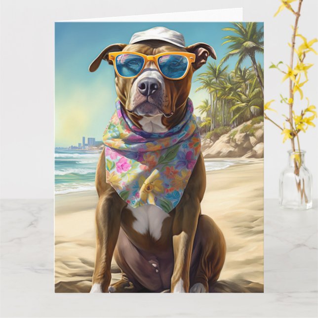 American Staffordshire på strand, sommarpresent Kort (Gul blomma)