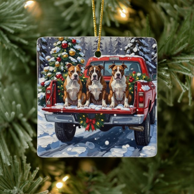American Staffordshire Terrier Christmas Red Truck Julgransprydnad Keramik (Träd)