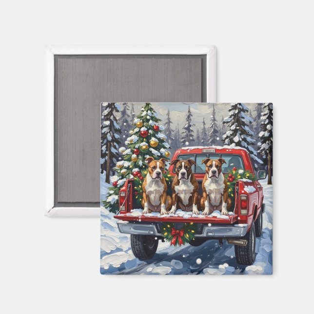American Staffordshire Terrier Christmas Red Truck Magnet (Front/Back)