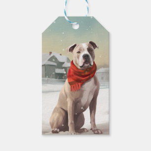 American Staffordshire Terrier i snö jul Presentetikett