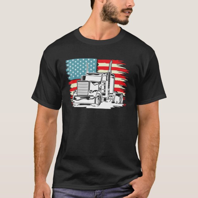 American Truck Driver Patriotic US Flag Semi Trail T Shirt (Framsida)
