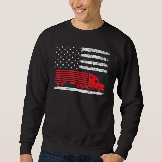 American Trucker USA flagga Lastbil Driver Driving Lång Ärmad Tröja (Framsida)