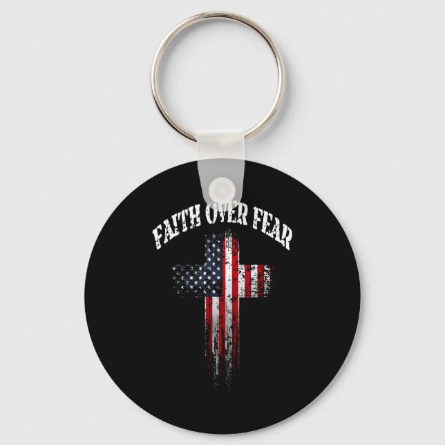 American Usa Flag Christian Cross Faith Over Fear  Nyckelring (Framsida)