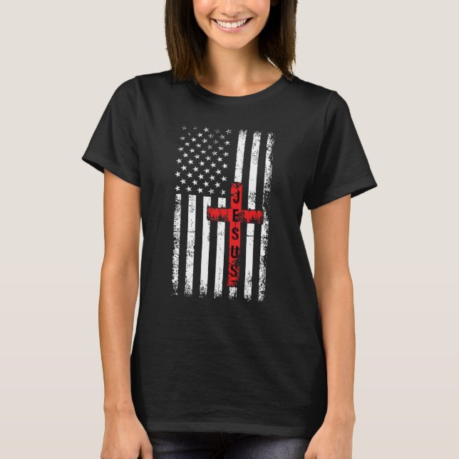 American USA Flag Christian Cross Jesus 4th Of Jul T Shirt (Framsida)
