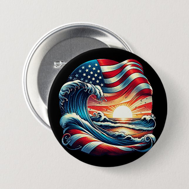 American USA flagga Beach Wave Sunset Patriotic Ar Knapp (Framsida & baksida)