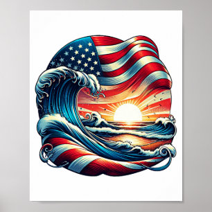 American USA flagga Beach Wave Sunset Patriotic Ar Poster