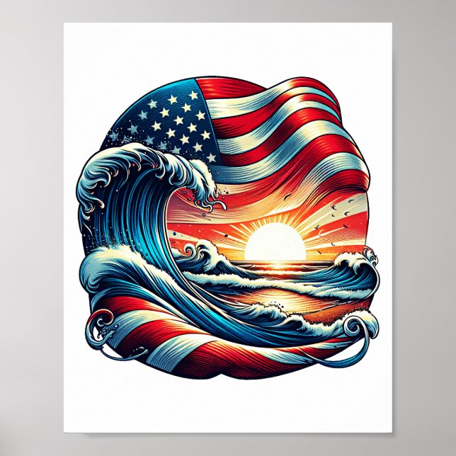 American USA flagga Beach Wave Sunset Patriotic Ar Poster (Framsidan)