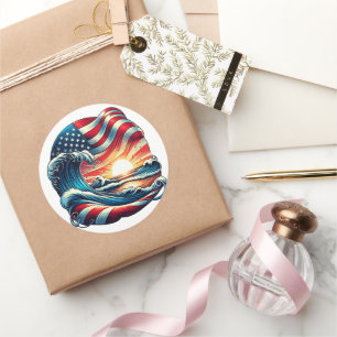 American USA flagga Beach Wave Sunset Patriotic Ar Runt Klistermärke