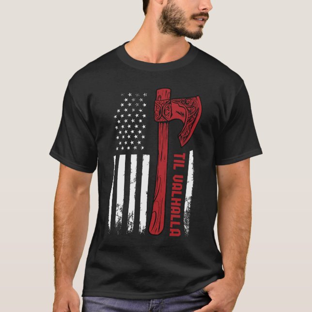 American Viking Ax Flagga Til Valhalla Norse Myth T Shirt (Framsida)