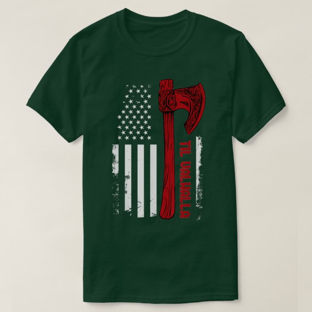 American Viking Ax Flagga Til Valhalla Norse Mytho T Shirt (Design framsida)