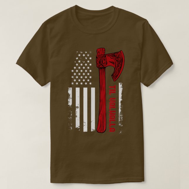 American Viking Ax Flagga Til Valhalla Norse Mytho T Shirt (Design framsida)