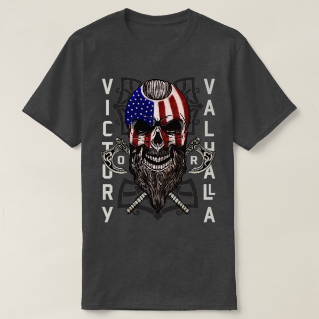American Viking Victory Valhalla Ax Skull Flagga T Shirt (Design framsida)