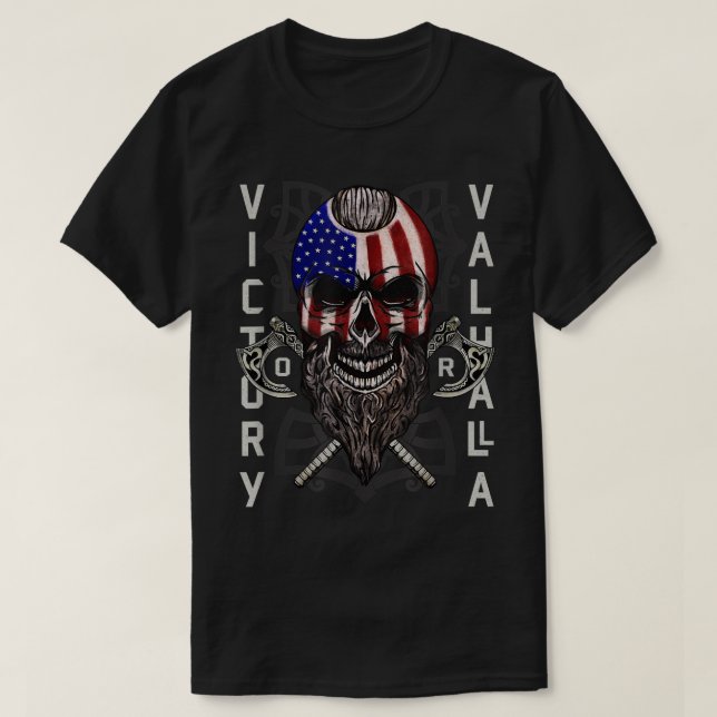 American Viking Victory Valhalla Ax & Skull Flagga T Shirt (Design framsida)