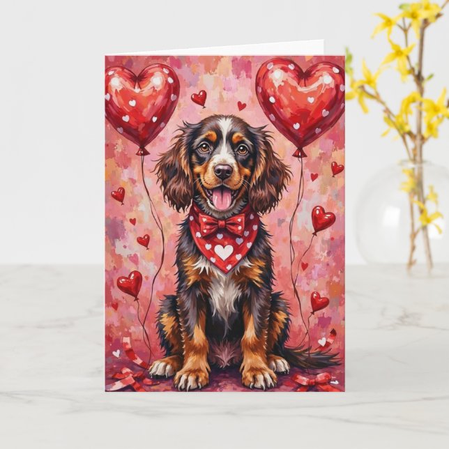 American Water Spaniel Valentine Hund med Hjärtan Kort (Gul blomma)