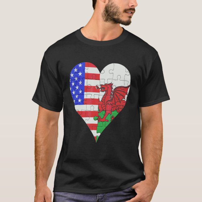 American Welsh Flagga Heart T Shirt (Framsida)