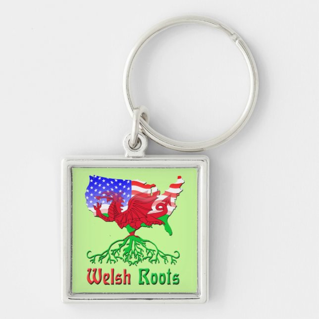American Welsh Roots Keychain Fyrkantig Silverfärgad Nyckelring (Framsidan)