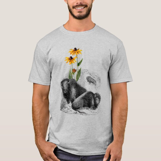 American West Western Motif Buffalo Bison Flower  T Shirt (Framsida)