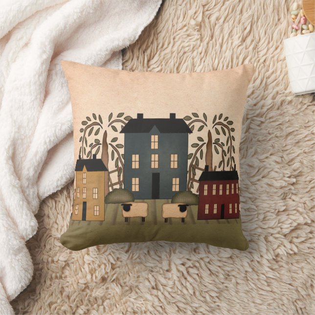 Americana Folk Art Houses Pillow Kudde (Filt)