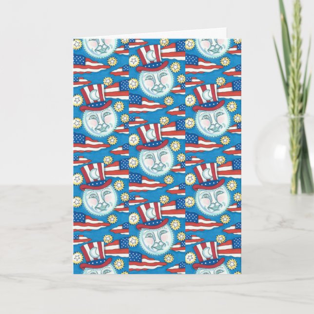 AMERICANA FOLK ART PATRIOTIC MAN I MÅNE Blank Helgkort (Framsida)