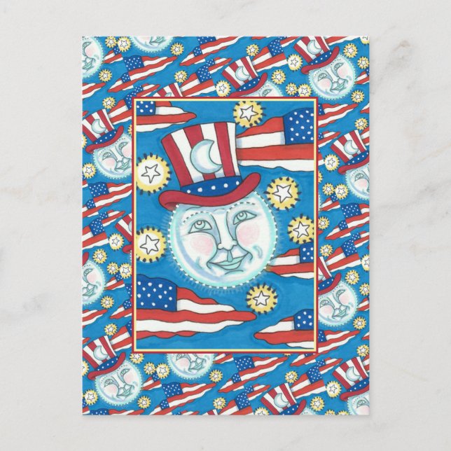 AMERICANA FOLK ART PATRIOTIC MAN I MÅNE HELG VYKORT (Framsida)