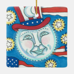 AMERICANA FOLK ART PATRIOTIC MAN I MÅNE JULGRANSPRYDNAD KERAMIK