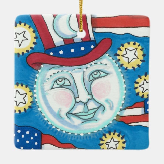 AMERICANA FOLK ART PATRIOTIC MAN I MÅNE JULGRANSPRYDNAD KERAMIK (Baksida)