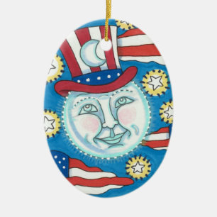 AMERICANA FOLK ART PATRIOTIC MAN I MÅNE JULGRANSPRYDNAD KERAMIK