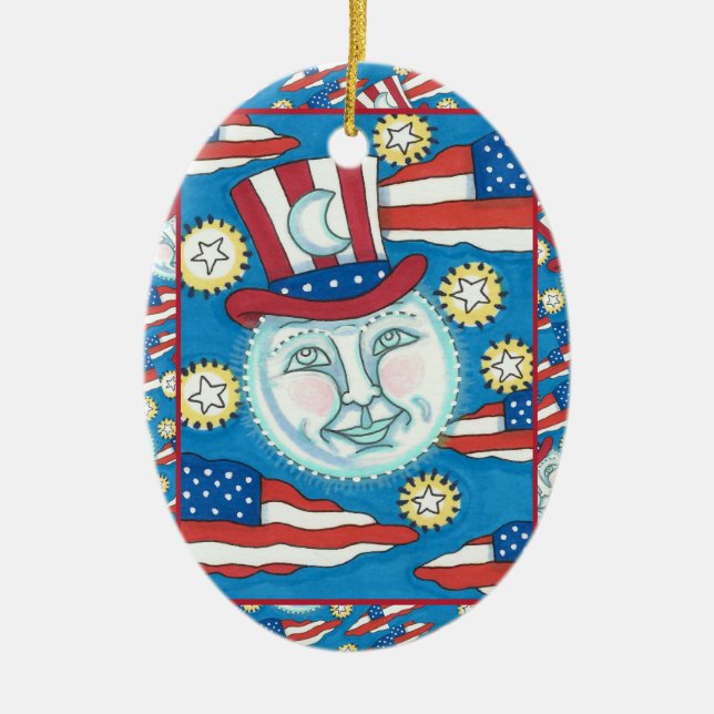AMERICANA FOLK ART PATRIOTIC MAN I MÅNE JULGRANSPRYDNAD KERAMIK (Framsidan)