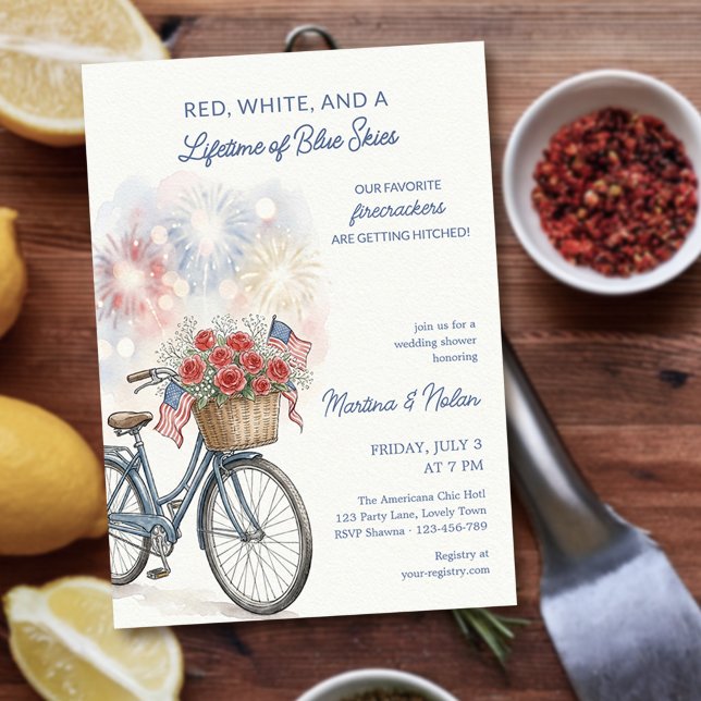 Americana Fyrverkerier Röd Vit & Blå Bröllopsfest Inbjudningar (Americana Chic 4th July invite - from Couples Shower Invitation collection by Darling & May)