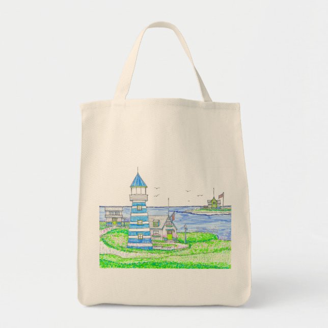 Americana Lighthouse Medium Tote Bag Tygkasse (Framsidan)