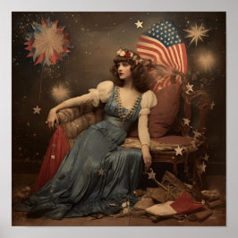Americana New Years Woman med Flagga Poster