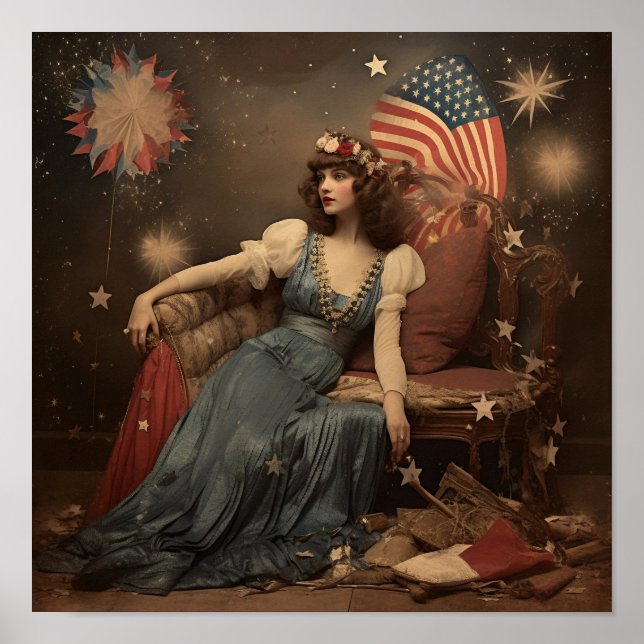 Americana New Years Woman med Flagga Poster (Framsidan)