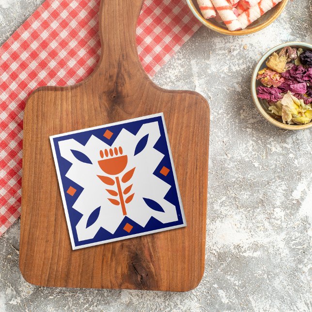 Americana Orange Tulip Blue Gräns Ceramic Tile Kakelplatta (Skapare uppladdad)