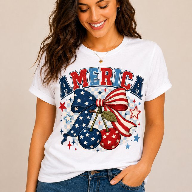 Americana Patriotic Cherries & Bow T-Shirt | Cute  (Skapare uppladdad)