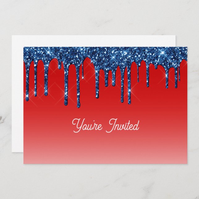 Americana Red Blue Glitter Drip Birthday Inbjudningar (Fram/baksida)