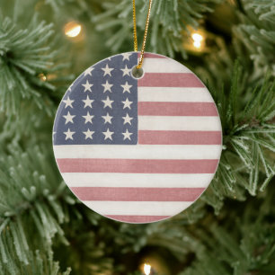 Americana Red White och Blue Vintage Flagga Julgransprydnad Keramik