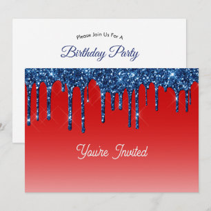 Americana Röd Blå Glitter Dropp Födelsedag Inbjudningar