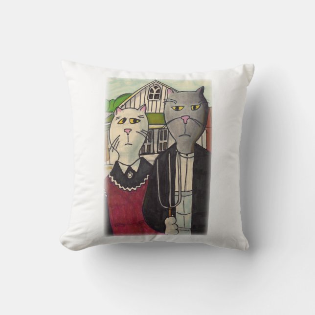 Americat Gothic Classic Cat Art Parody Design Kudde (Framsida)