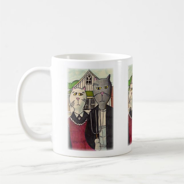 Americat Gothic Cute Classic Cat Character Art Kaffemugg (Vänster)