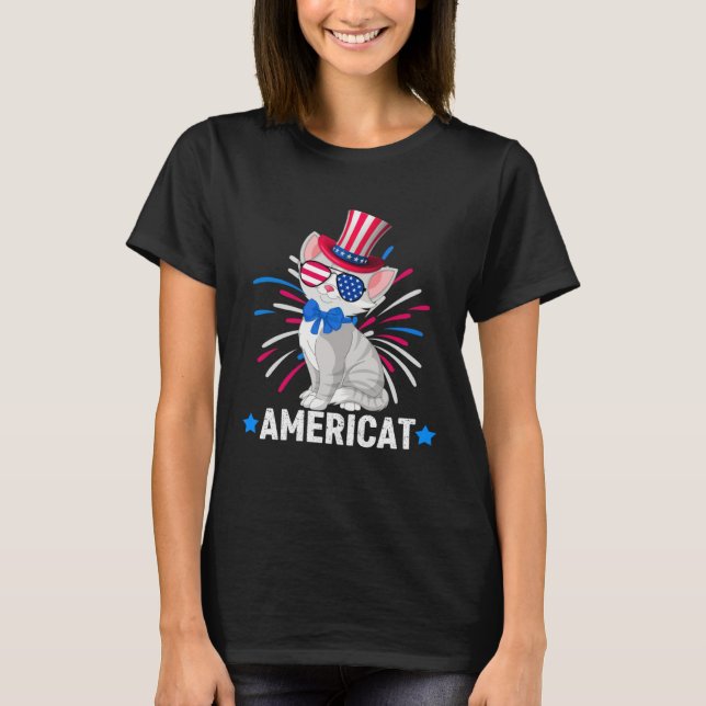 Americat Kids 4th of July Gray Cat American Flag F T Shirt (Framsida)