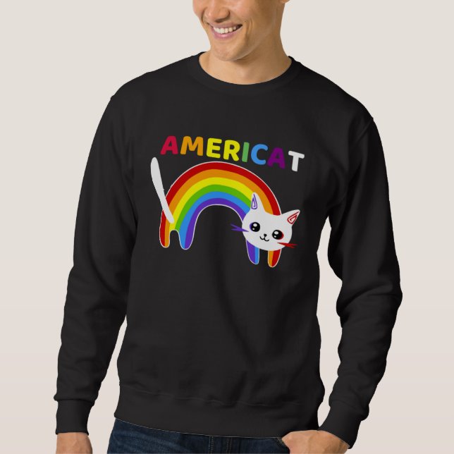 Americat LGBT Meowica Happyy Fourth of Julyy Lång Ärmad Tröja (Framsida)