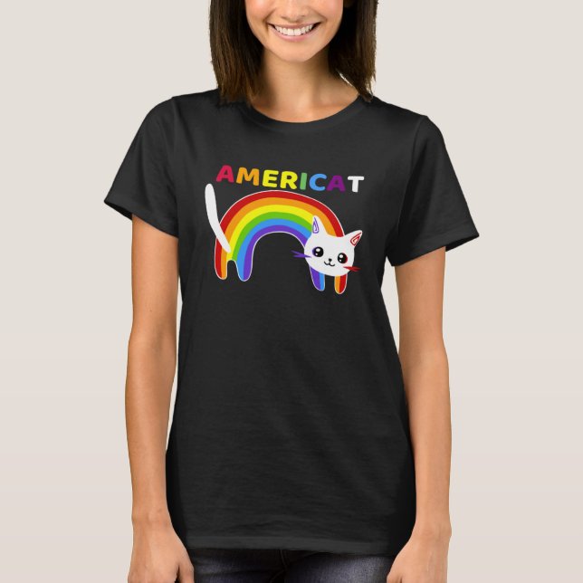 Americat LGBT Meowica Happyy Fourth of Julyy T Shirt (Framsida)