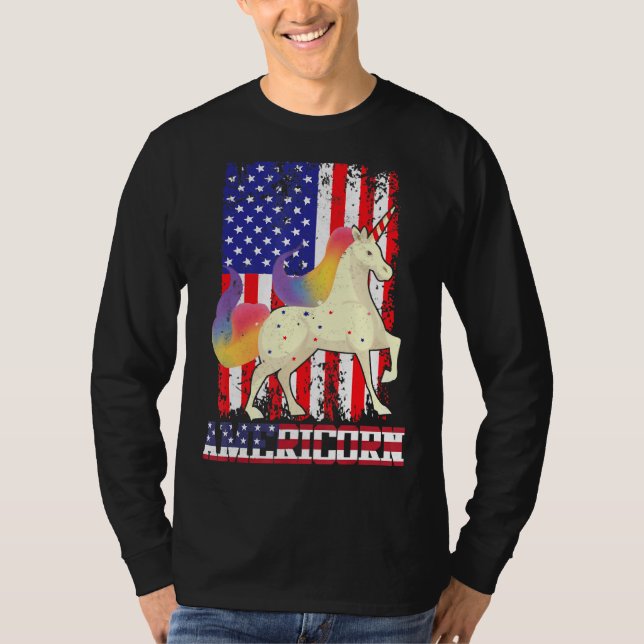 Americorns 4:e juli färgstarka Unicorn USA flagga  T Shirt (Framsida)